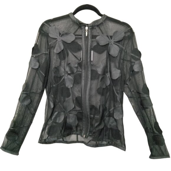 Dolce Cabo Size Medium Jacket Sheer Mesh Floral Black Flower Accents Zip Front - Picture 2 of 8